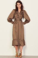 Robe portefeuille mi-longue à volants et manches longues, imprimé floral vintage - Café